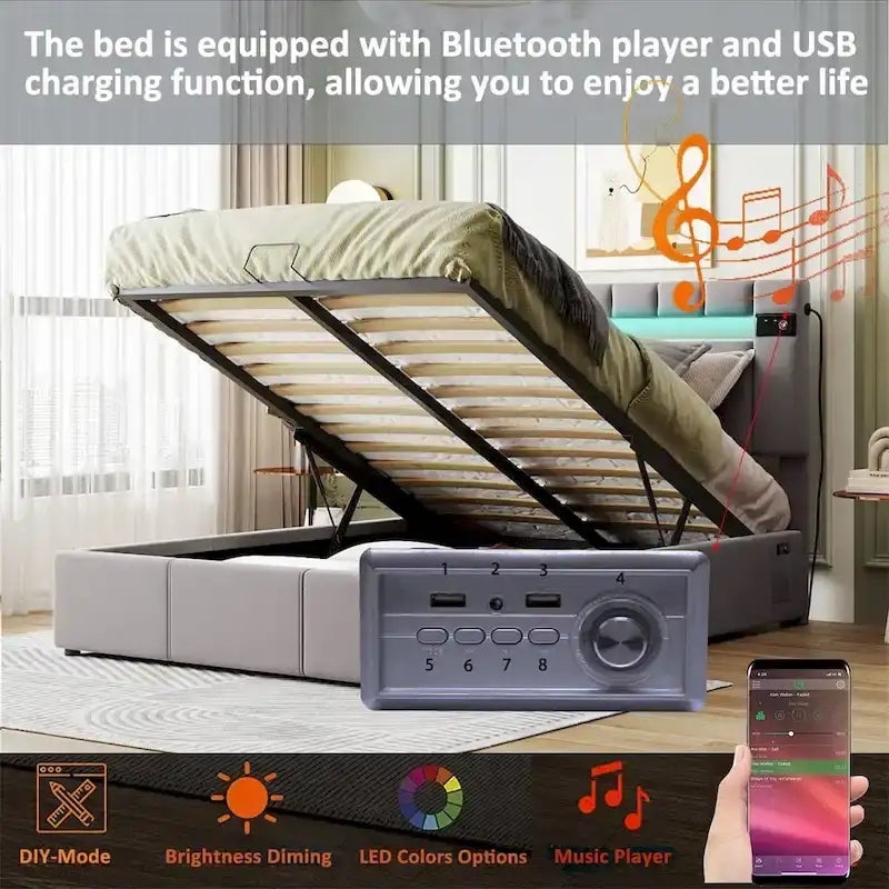 Verhoiltu säilytyssänky LED-valolla, Bluetoothilla ja USB-latauksella