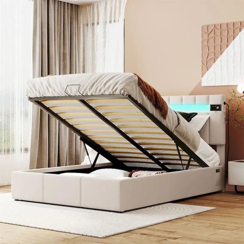 Verhoiltu säilytyssänky LED-valolla, Bluetoothilla ja USB-latauksella
