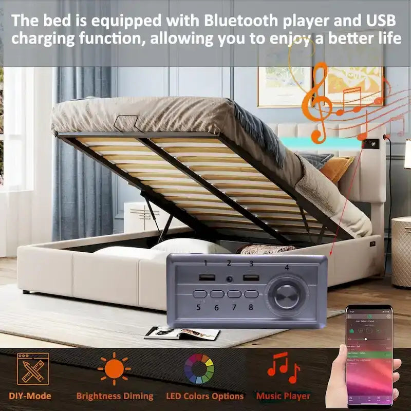 Verhoiltu säilytyssänky LED-valolla, Bluetoothilla ja USB-latauksella