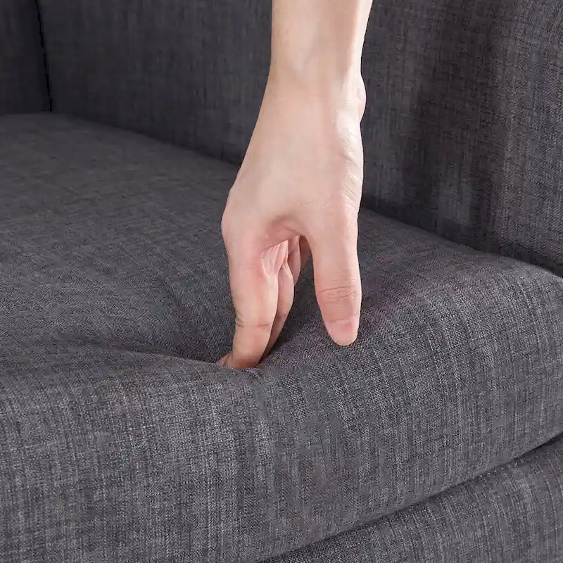 Pellavainen nojatuoli, jossa nappiverhoiltu selkänoja