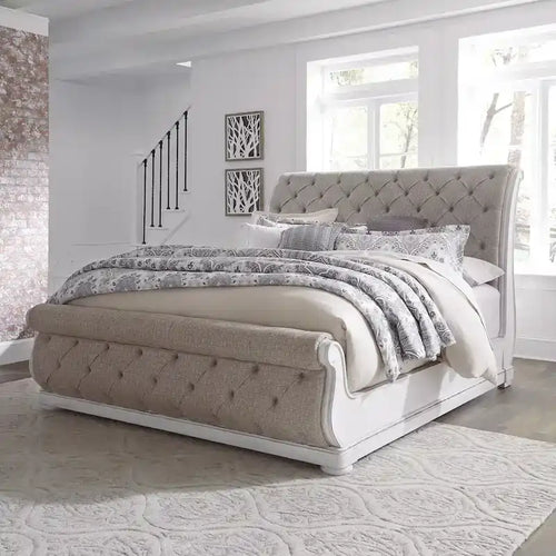 Magnolia Manor Antique White Weathered Bark King California Upholstered Sleigh Bed