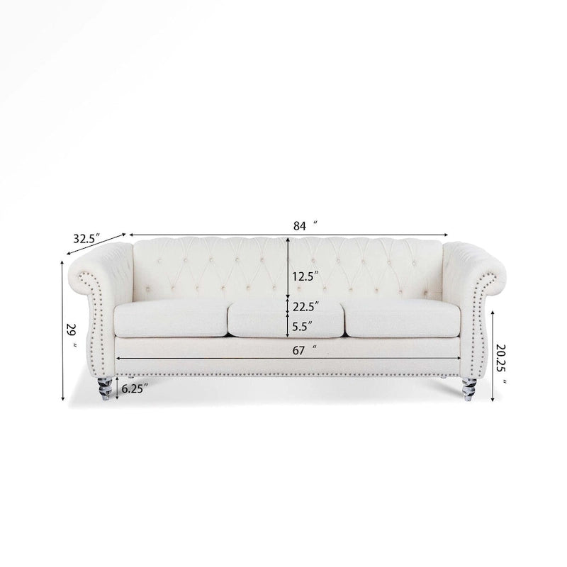 Valkoinen Rolled Arm Chesterfield -kolmenistuttava sohva