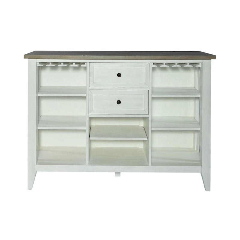 Valkoinen kaksisävyinen tarjoilukaappi lasitelineellä ja säädettävillä hyllyillä